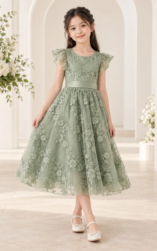 Vestido de niña de flores de corte A, color verde salvia, con estampado floral, mangas con volantes y lazo en la espalda, hasta la rodilla.