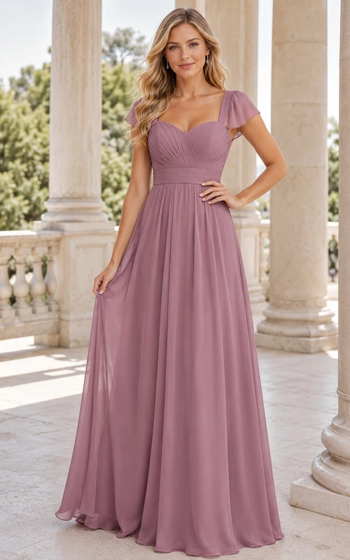 Vestido de gasa color malva con escote en V y mangas con volantes