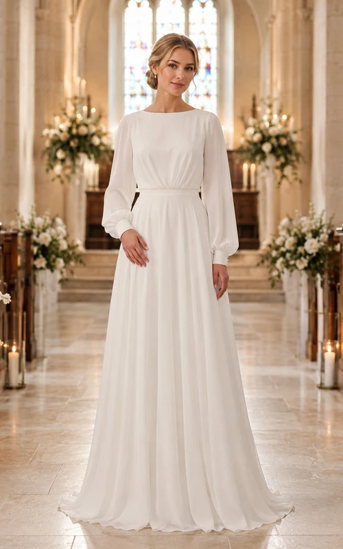 Schlichtes Chiffon-Hochzeitskleid mit langen Ärmeln und Schmuckkragen