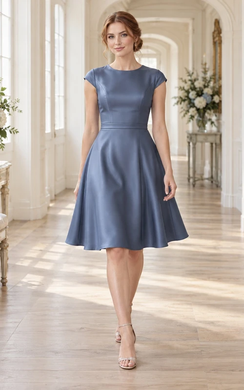 Vestido de dama de honor corto de satén azul acero con mangas cortas y corte en A, de estilo modesto.