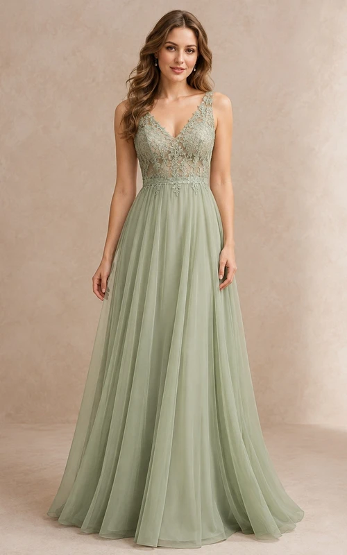 Celadon V-Neck Sleeveless Lace A-Line Maxi Bridesmaid Dress