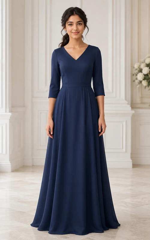 Dunkelblaues Brautjungfernkleid für junge Damen, A-Linie, V-Ausschnitt, Dreiviertelärmel