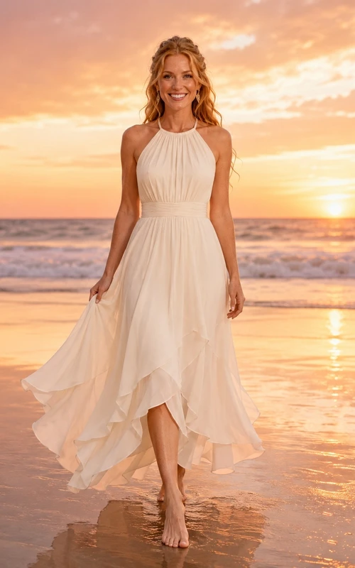 Vestido de novia bohemio de gasa con escote halter y bajo asimétrico para la playa
