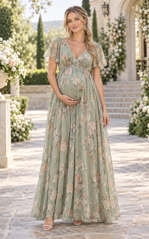 Sage Green Maternity Floral Print Empire V-Neck Short Sleeve Floor-Length Guest Dress