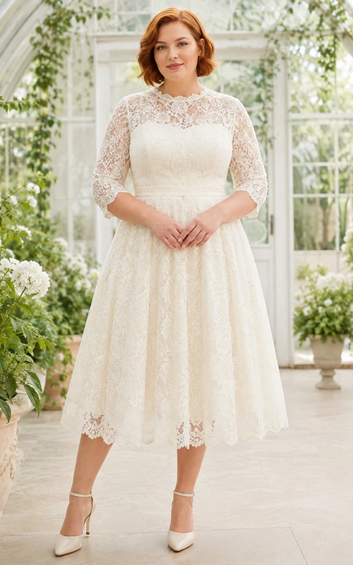 Romantic Elegant Square 3/4-Sleeve Lace A-Line Tea-Length Wedding Dress
