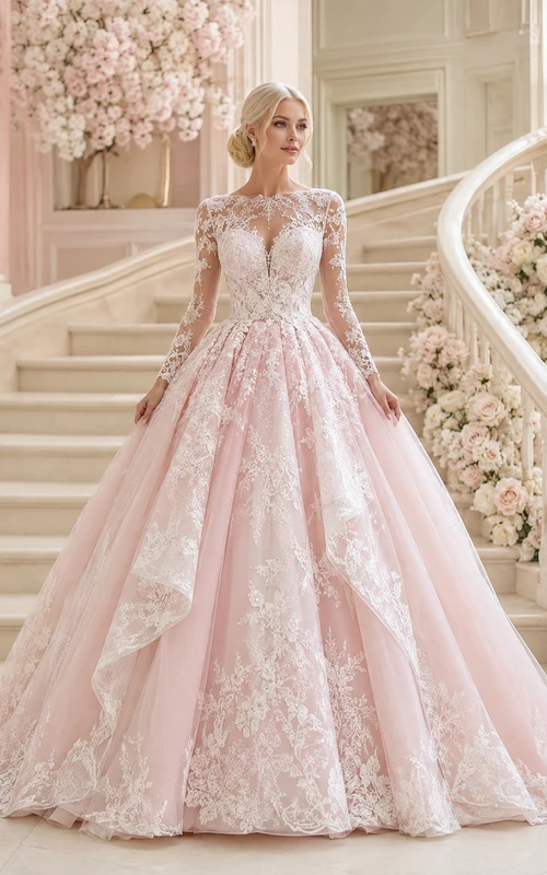 Luxuriöses, hochgeschlossenes, langärmeliges Ballkleid aus Spitze in zartem Rosa mit Schleppe