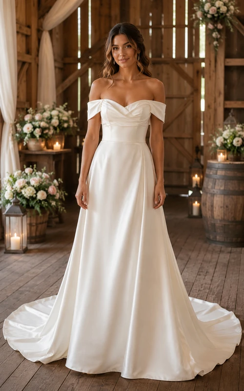Country Off-the-shoulder Satin A-line Wedding Dress with Pleats