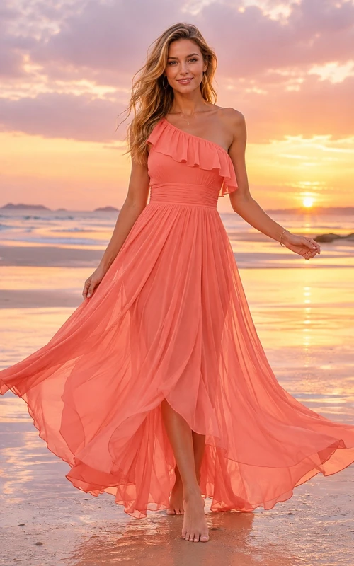 Vestido formal largo hasta el suelo, de gasa, corte A, asimétrico, sin mangas, de estilo bohemio coral, con un solo hombro.