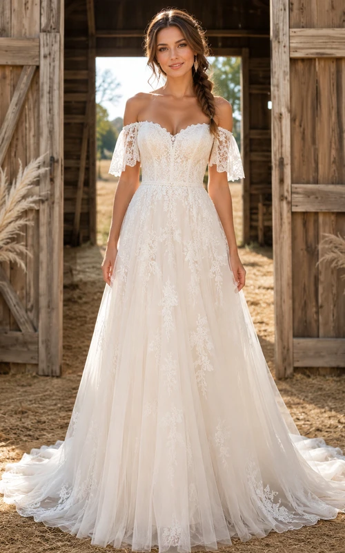 Boho Off Shoulder Flutter Lace A Line Chapel Country Wedding Dress