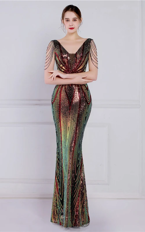 Positioning Flower Sequin Crafts Beaded Banquet Elegant Long Short-Sleeved Sequin Aura Queen Fish Tail Skirt
