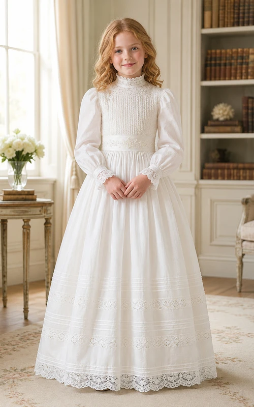 Hochgeschlossenes, mit Bischofsärmeln und Abnähern versehenes Edwardianisches Kommunionskleid in A-Linie