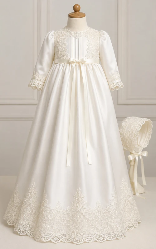 Vintage-Taufkleid für Babys, schlichtes Prinzessinnen-Ballkleid, lange Ärmel, Tüllspitze, bodenlang, Schleppe mit Schleife, elfenbeinfarben
