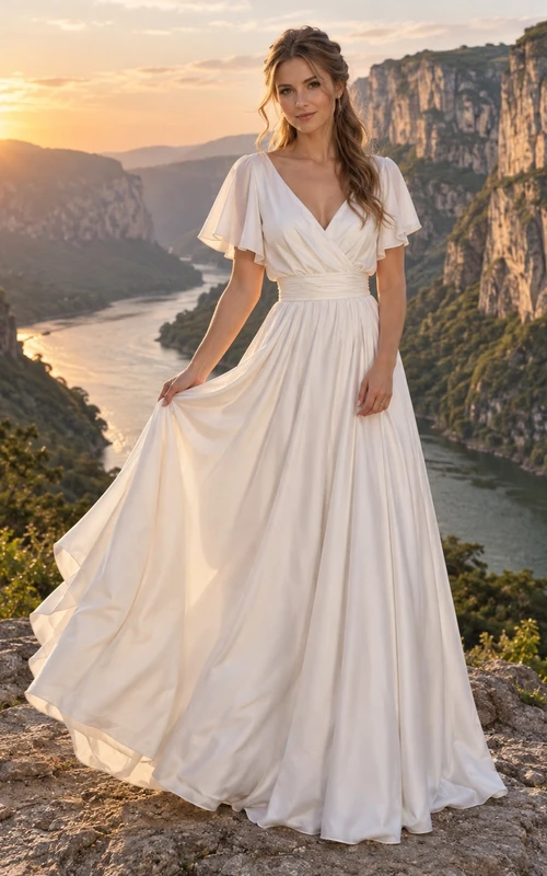 Schlichtes Brautkleid aus Baumwollsatin mit V-Ausschnitt, flatternden Ärmeln und drapiertem A-Linien-Oberteil