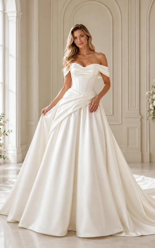 Vestido de novia de gala de satén con escote de hombros descubiertos y cintura tipo vasca drapeada
