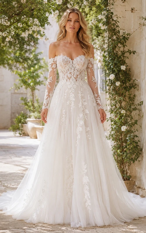 Robe de mariée bohème en dentelle florale, épaules dénudées, manches longues, coupe trapèze, traîne courte, épaules courtes et épaules dénudées.