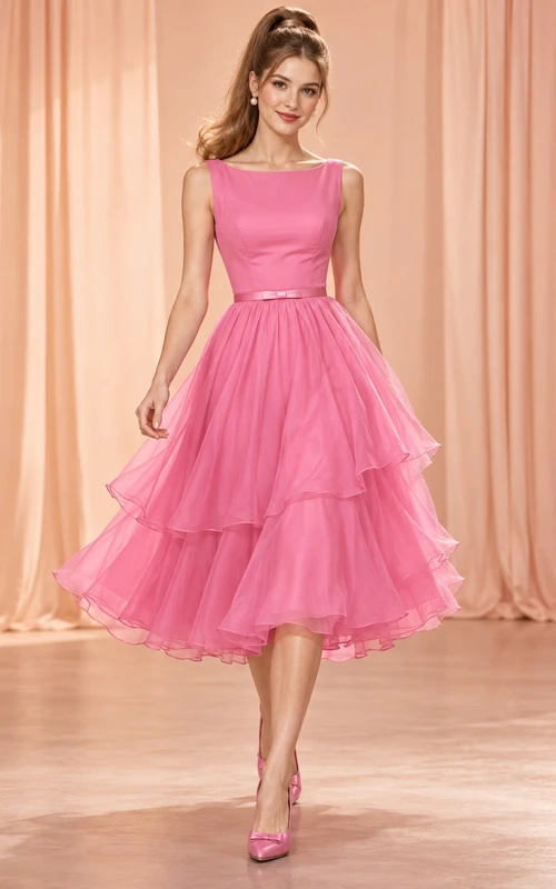 Robe de bal des années 1960, longueur thé, rose bonbon, coupe bateau, en mousseline à volants, style trapèze.