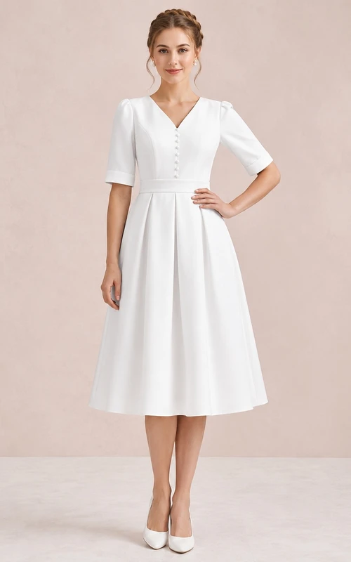 White V-Neck Short-Sleeve A-Line Tea-Length Modest Formal Dress