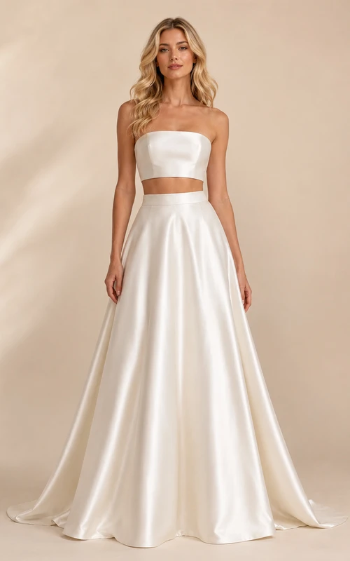 Ensemble de mariée Studio haut bandeau court en satin sans bretelles, coupe trapèze