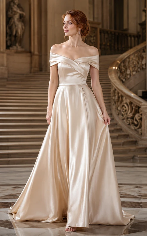 Vestido de fiesta largo de satén color champán con escote de hombros descubiertos y corte en A.