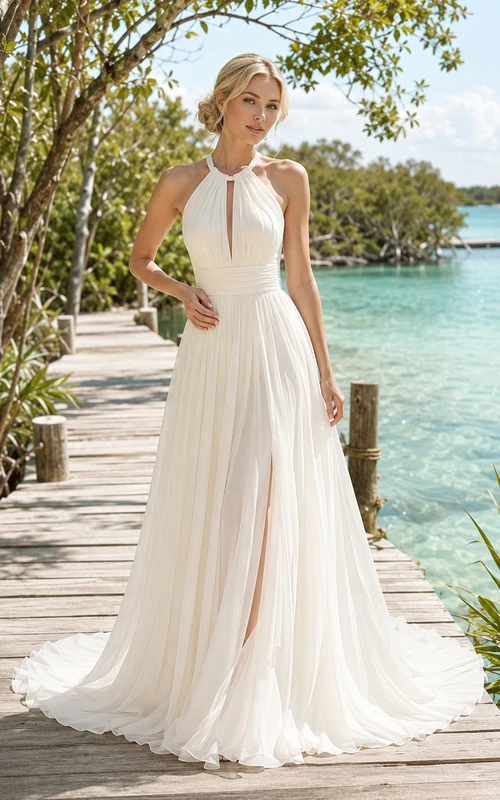 Robe de mariée lagon en mousseline de soie à col montant fendu et dos nu, coupe trapèze, fendue, couleur lagon
