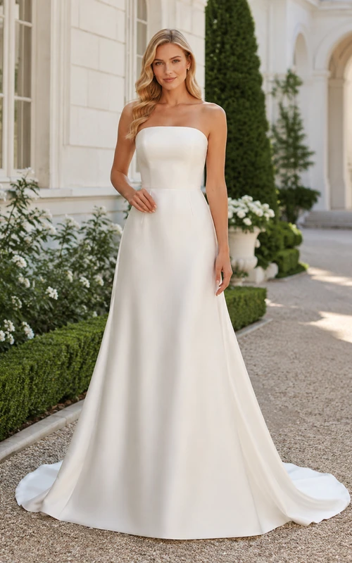 Brautkleid aus Satin, A-Linie, trägerlos, mit Schleppe