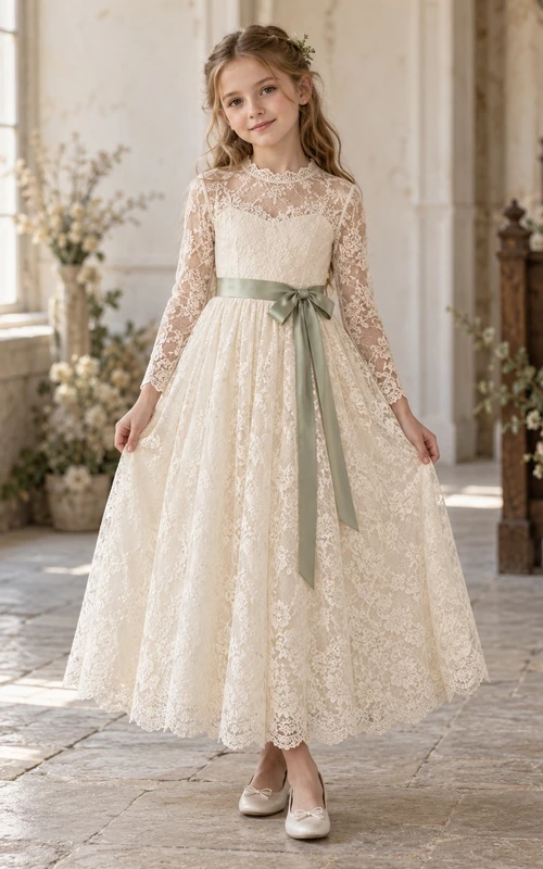 Vestido de niña de flores de manga larga, corte en A, encaje floral color marfil, hasta los tobillos, con fajín verde salvia.