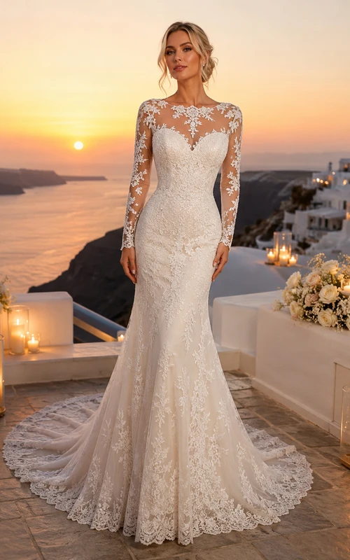 Robe de mariée sirène à manches longues en dentelle illusion bateau, style modeste, pour une destination de mariage.