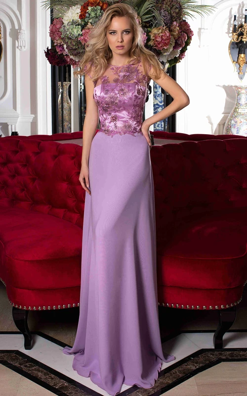 Sheath Floor-Length Scoop Sleeveless Chiffon Embroidery Pleats Lace-Up Corset Back Dress