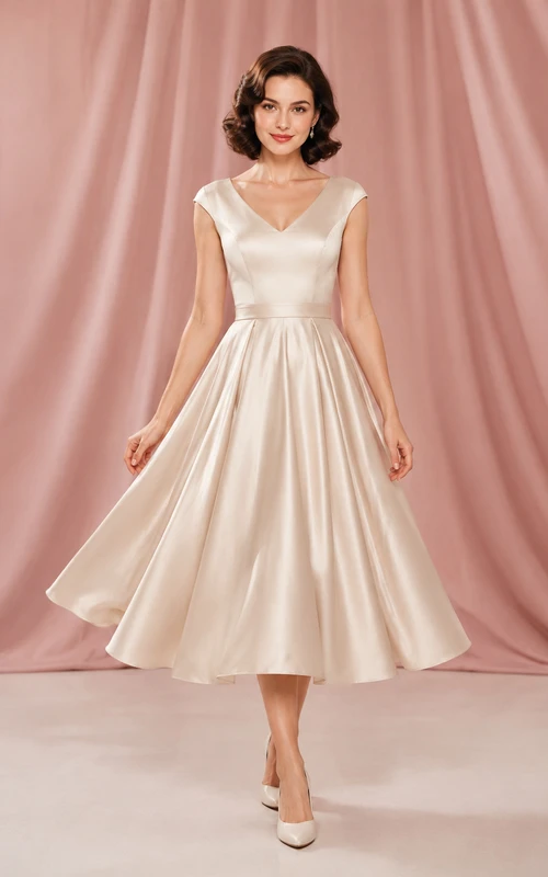 Champagne V Neck Cap Sleeve Satin Tea Length Wedding Dress