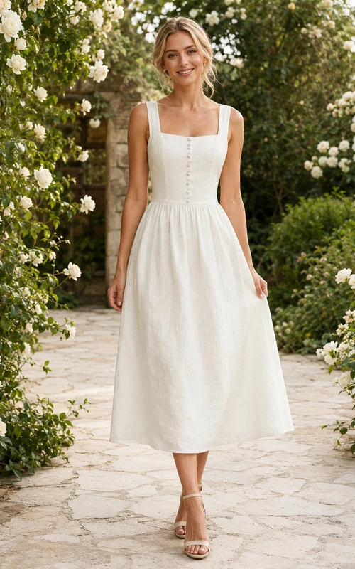 Leinenkleid mit quadratischem Ausschnitt, Teelänge, für eine romantische Gartenhochzeit