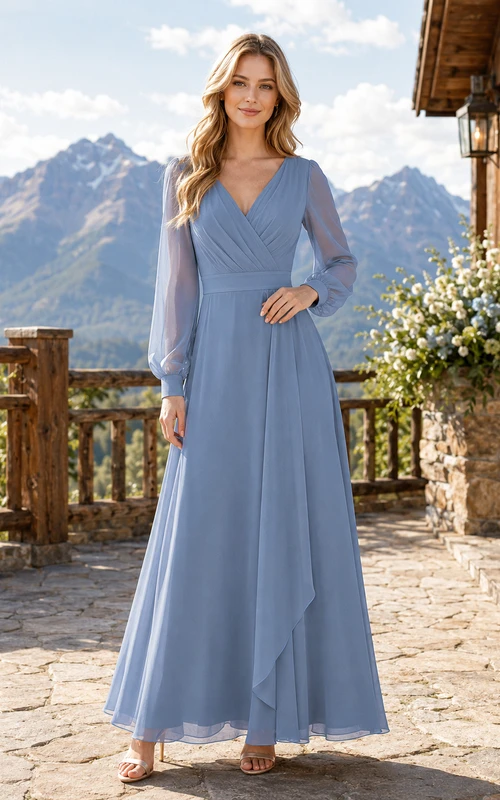 Slate Blue V Neck Poet Sleeve Chiffon Floor Guest Dress