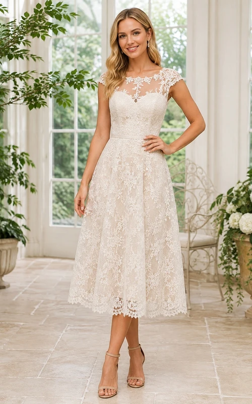 Cremefarbenes, wadenlanges Kleid aus Chiffon mit Rundhalsausschnitt, kurzen Ärmeln und Spitze