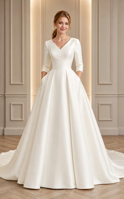 Classic Modest V-Neck Three Quarter Sleeve Satin Ball Gown Court Train Wedding Dress
