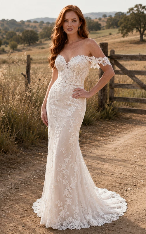 Brautkleid im Landhausstil mit Spitze, Meerjungfrauen-Design, schulterfrei, Kapellenschleppe, tiefer V-Ausschnitt