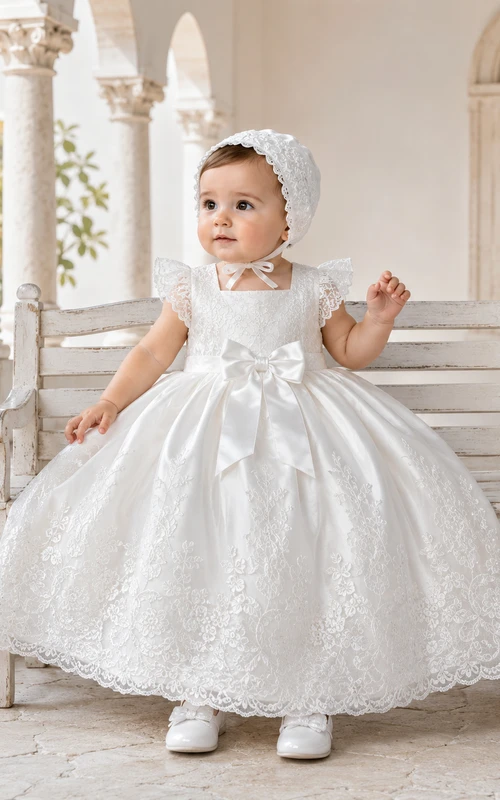 Luxury Baby Christening A-Line Short Sleeve Satin Lace Dress