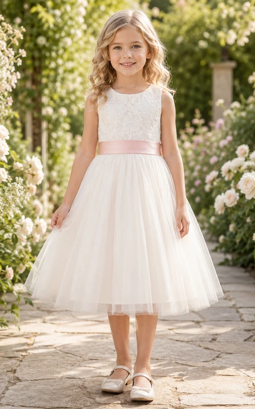 Robe élégante de demoiselle d'honneur, coupe trapèze, en tulle et dentelle, col rond, sans manches, ceinture, longueur thé.