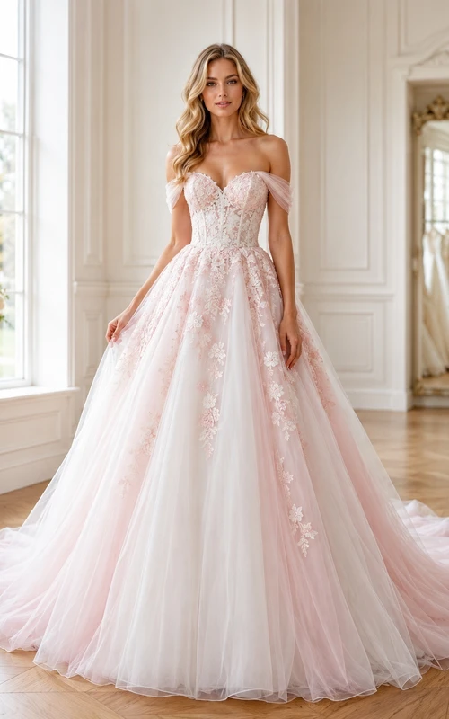 Romantisches Brautkleid aus rosafarbenem Spitzenballkleid mit schulterfreiem Ausschnitt und Schleppe