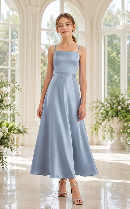 Stahlblaues Brautjungfernkleid für junge Mädchen, A-Linie, ärmellos, elegant