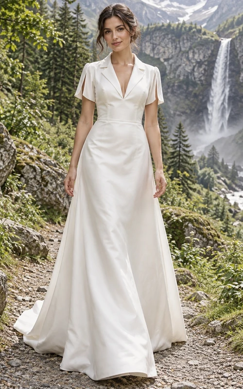 Vestido de novia sencillo de tafetán con escote en V y corte en A, manga corta