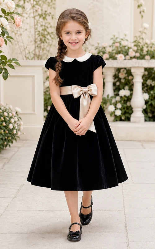Black Elegant A-Line Velvet Flower Girl Dress Cap Sleeve Jewel Neck Tea-Length Contrast Bow
