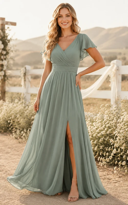 Western Sage Off-Shoulder Chiffon A-Line Floor-Length Slit Guest Dress