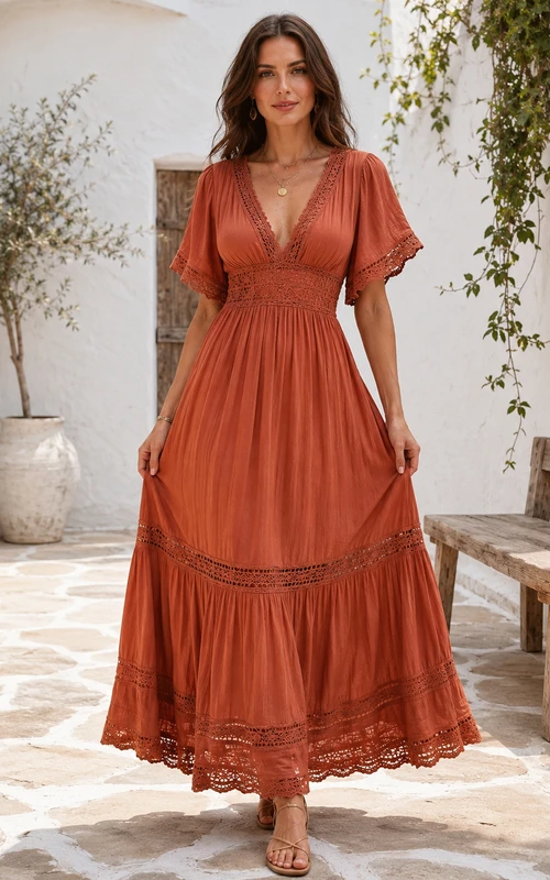 Terrakottafarbenes, volkstümliches Papaya-farbenes A-Linien-Kleid mit V-Ausschnitt, halben Ärmeln und Chiffon im Bohemian-Stil, knöchellang