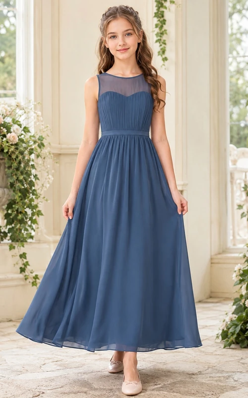 Vestido de dama de honor juvenil azul acero, corte en A, largo hasta el suelo, sin mangas, con canesú ilusión, estilo romántico.