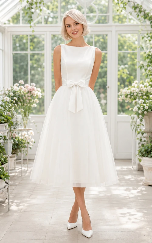 Bow Conservatory White A-Line Tea-Length Bateau Sleeveless Satin Vintage Guest Dress
