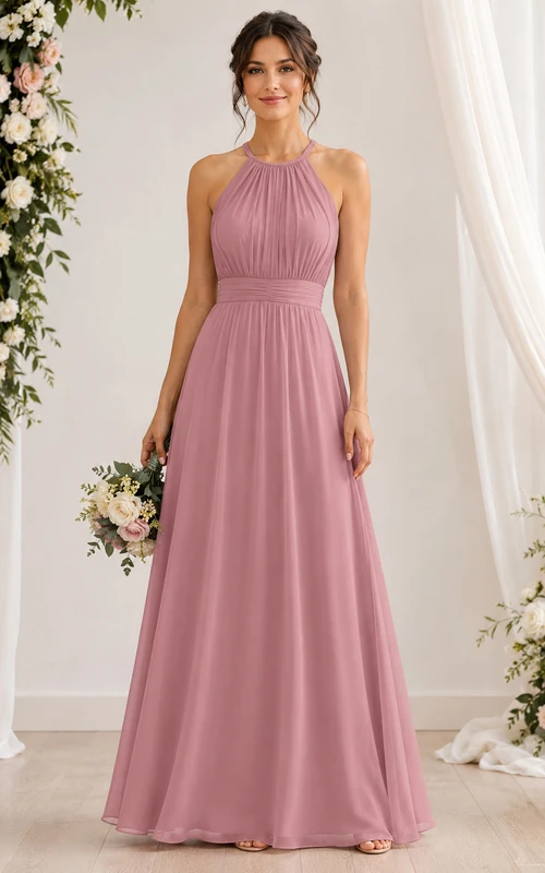 Vestido de dama de honor de gasa rosa empolvado con escote halter y corte en A