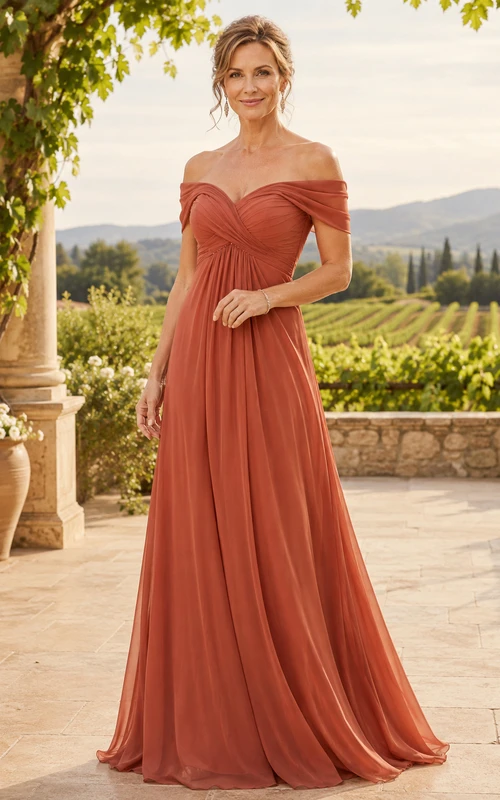 MOB Kleid aus Papaya-Chiffon, A-Linie, Kurzarm, schulterfrei, bodenlang, gerafft