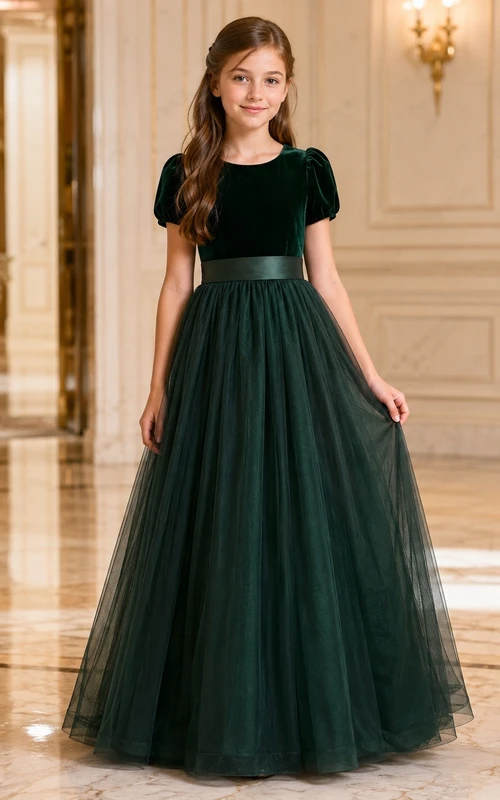 Ball Gown Tulle Velvet Puff Sleeve Dark Green Flower Girl Dress