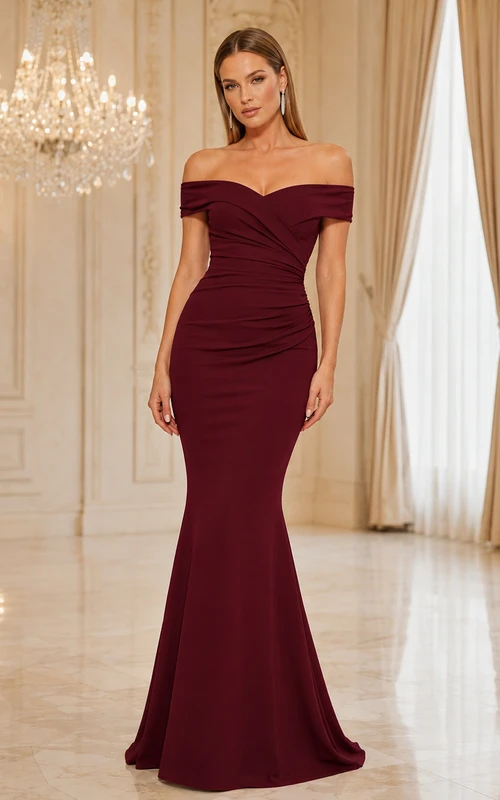 Burgundy off shoulder ruched mermaid floor length formal gown