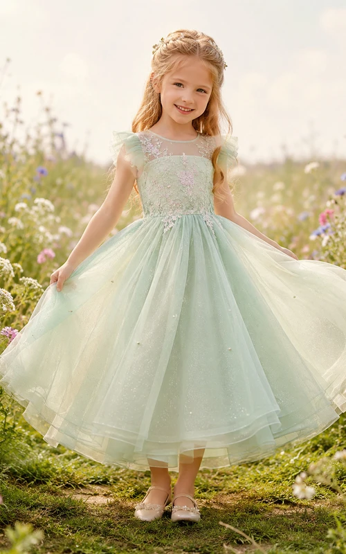 Vestido de niña de las flores, color verde salvia, encaje, tul, corte en A, cuello joya, largo hasta la rodilla.
