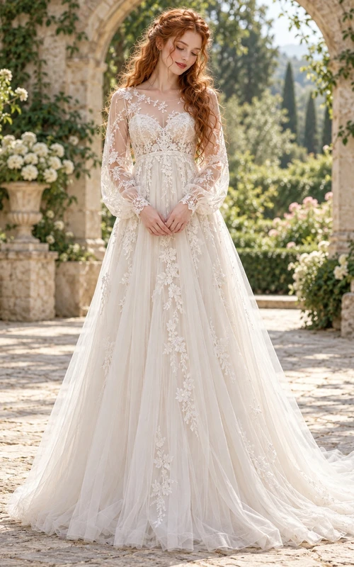 Long Sleeve Floral Lace Tulle Empire Train Wedding Dress